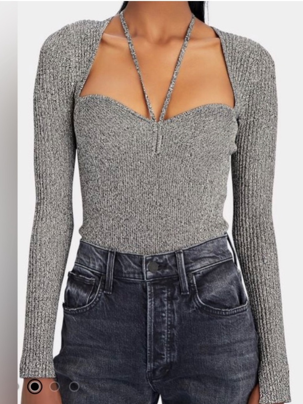 Jonathan Simkhai Gray Ribbed Sweetheart Halter Long Sleeve Crop Top
